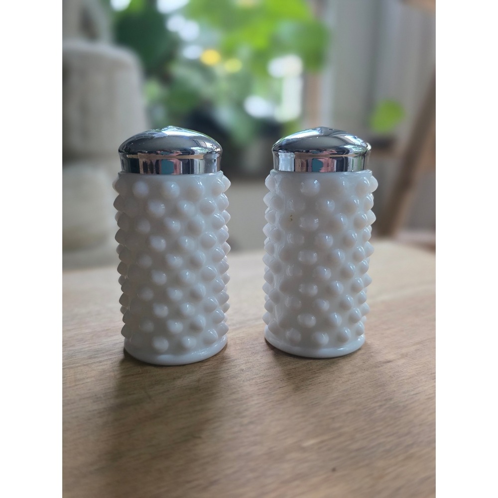 Vintage Fenton Milk Glass Hobnail Salt and Pepper Shakers White Chrome Lids Set